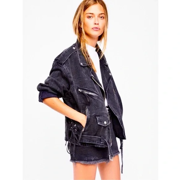 Free People Black Oversized Denim Moto Jacket Corset Lace Up - Picture 3 of 8